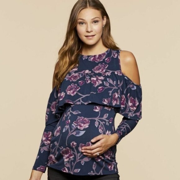 Jessica Simpson | Maternity Cold Shoulder Floral Top	Dark Green/Blue | Small - Picture 1 of 16